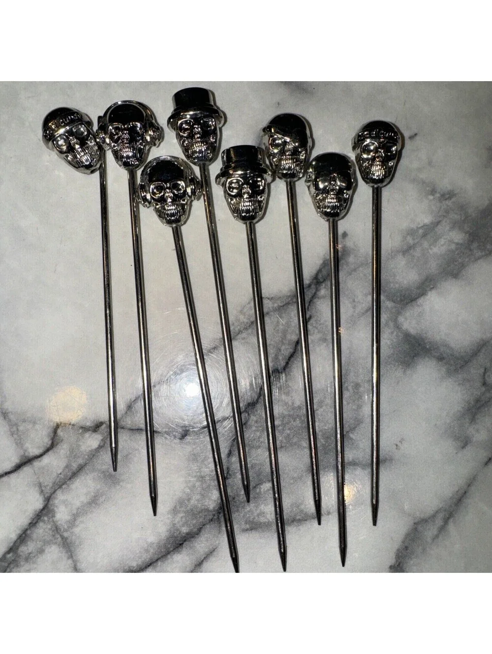 8 Silver Metal Halloween Skull Cocktail Appetizer Food Sticks Toothpicks Party
